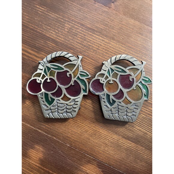 Unbranded Other - 2 Vintage Stained Glass Cast Iron Metal Trivet Cherries in a Basket 5.5" Lot